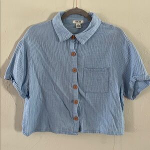 Women's Light Blue Button Down Shirt Cotton Gauze Beachy Coastal Flowy Boxy